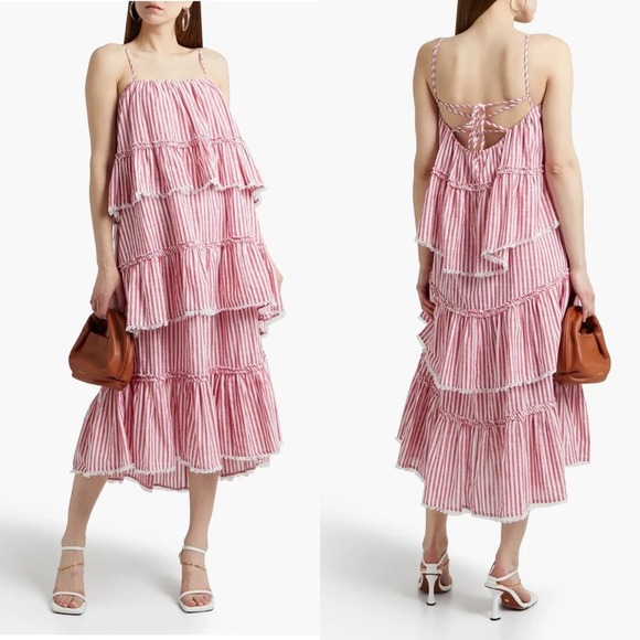NWT CINQ À SEPT Avva tiered striped cotton midi dress Size 14 - Picture 1 of 10